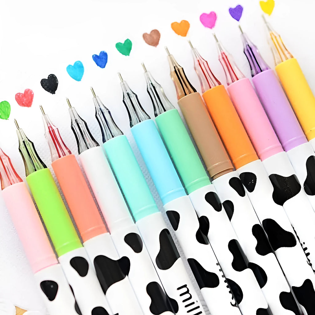 Set of 12 cow pattern gel pens with 0.38mm fine tips in assorted colours.
