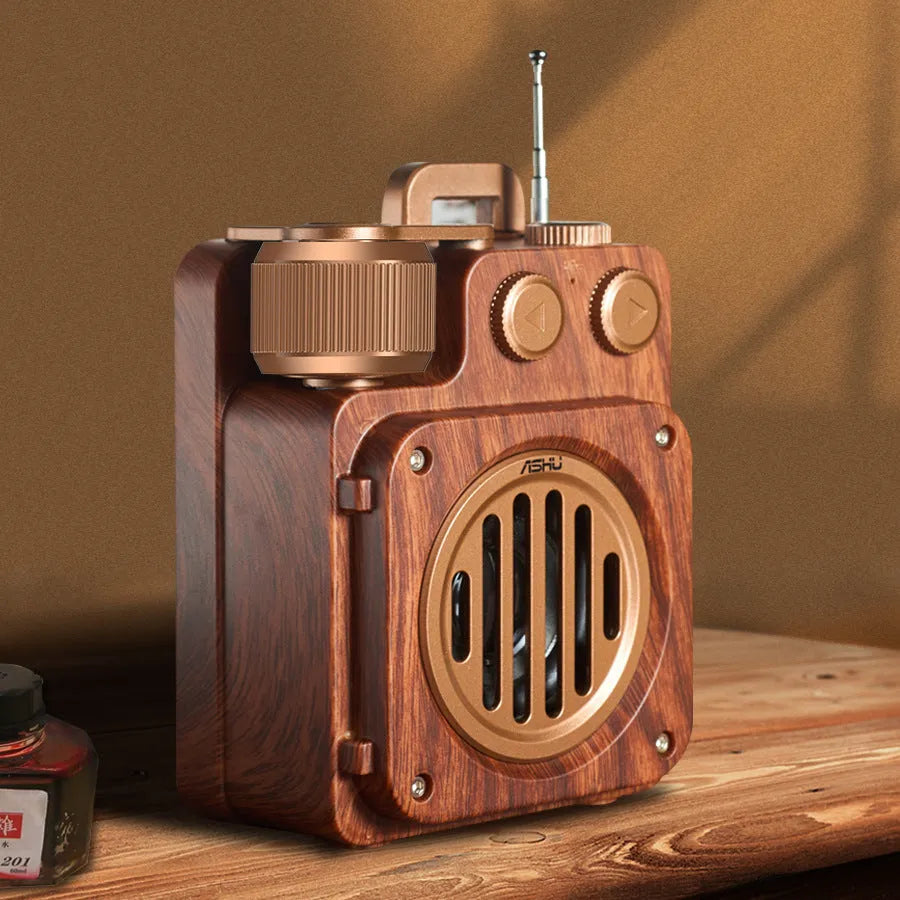 Retro lightweight compact wireless Bluetooth speaker in Rosewood Gold with plastic shell