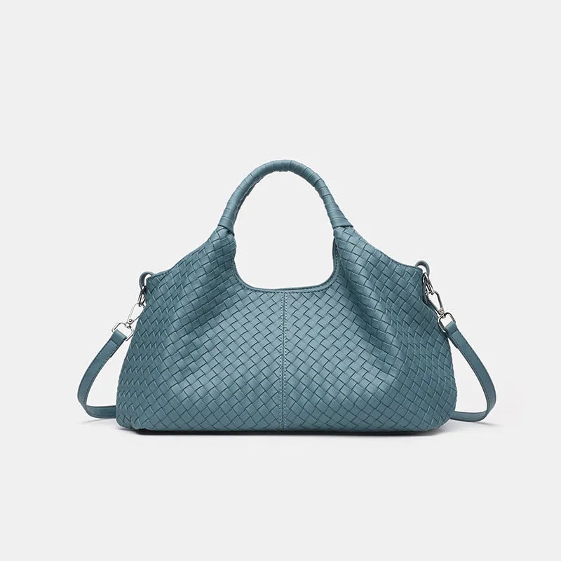 Women's woven large capacity handbag in brown, soft PU material with double shoulder straps and horizontal square shape