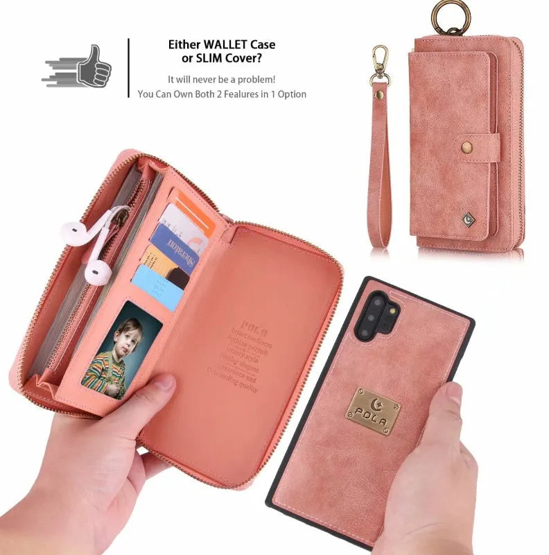 Black PU leather zipper wallet case open to show phone slot and card holders for a Samsung Galaxy phone.