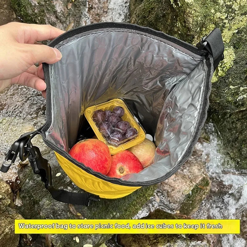 Yellow and black 20-litre waterproof PVC backpack for camping with dry-wet separation compartment.