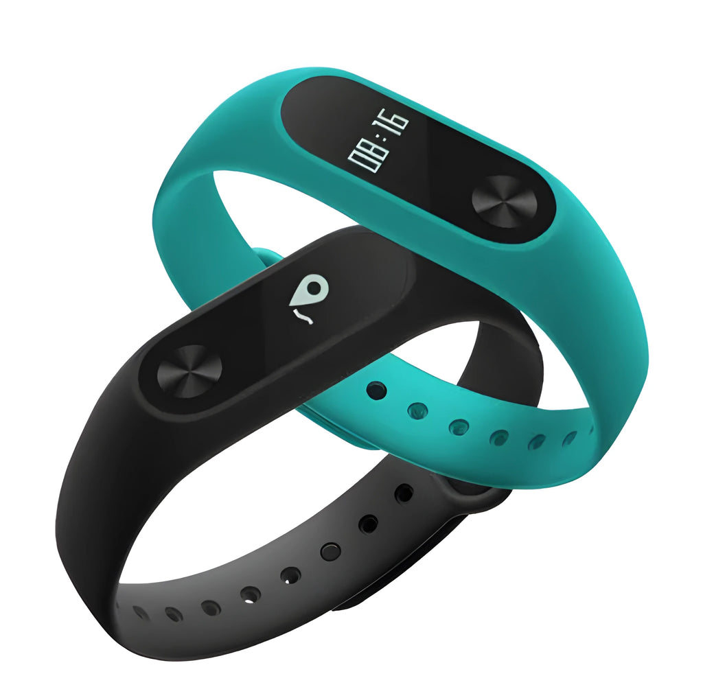 Xiaomi Mi Band 2 black fitness band with OLED screen on an adjustable wrist strap.