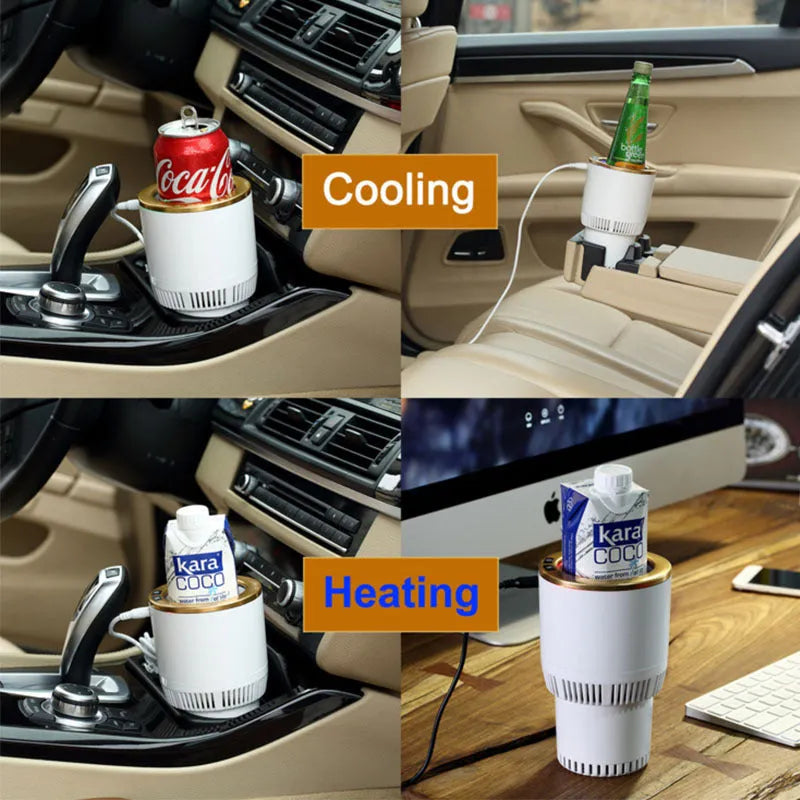 White car cup heater cooler with aluminium interior, plugged into 12V outlet, holding a metallic can