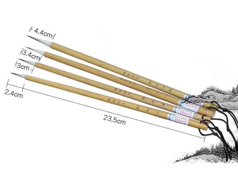 Set of four thin gold body wolf wool hook thread writing brushes for Chinese calligraphy.