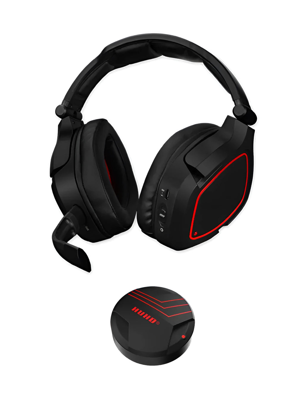 Black wireless fiber optic over-ear gaming headset with microphone and body buttons