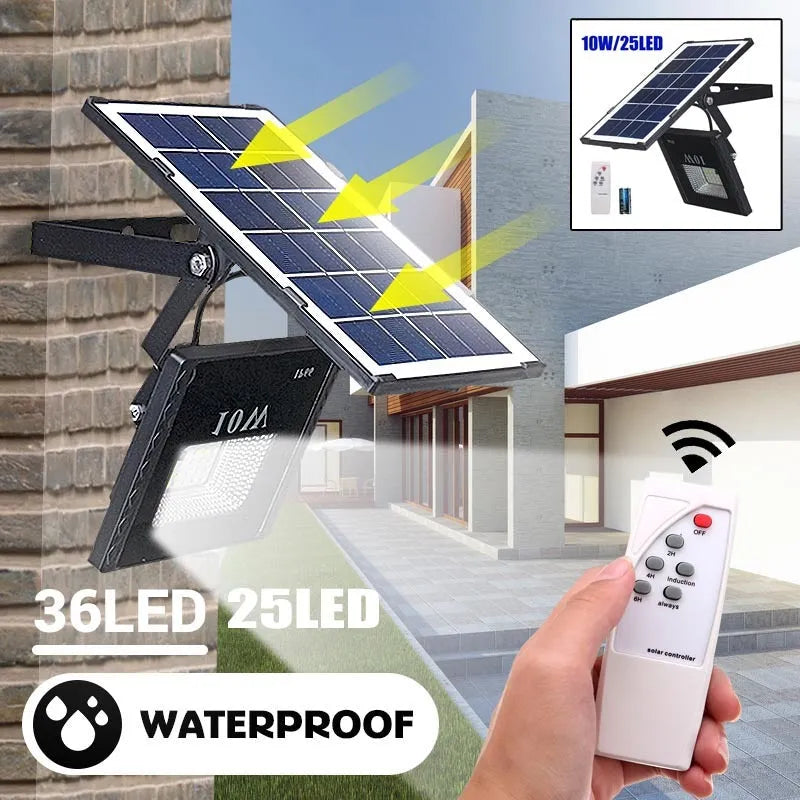 Solar wall lamp in black with remote control, plastic shell and toughened glass, 10W/25W options