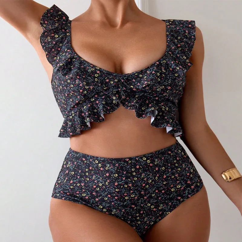Women's floral flounce split swimsuit set in black floral – backless polyester briefs