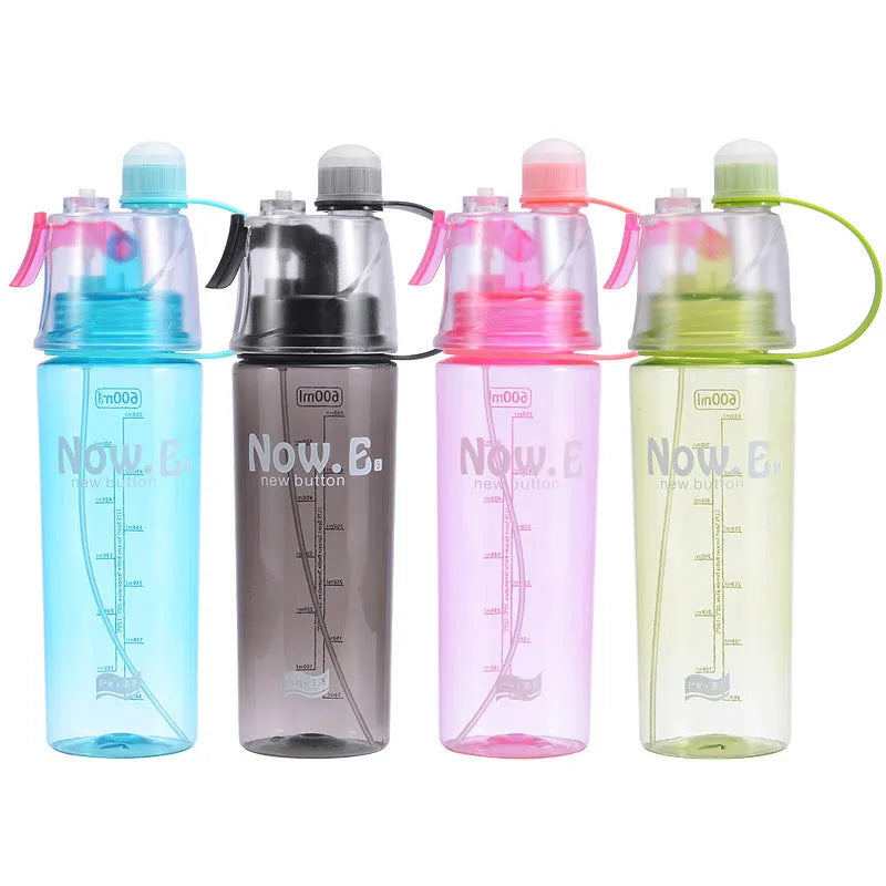 Green portable sports mist spray cup with handle, leakproof lid, and visible scale, shown next to a black version.