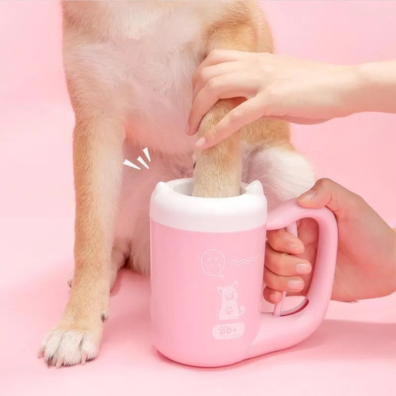 Pink pet paw cleaning cup with silicone brush and handle