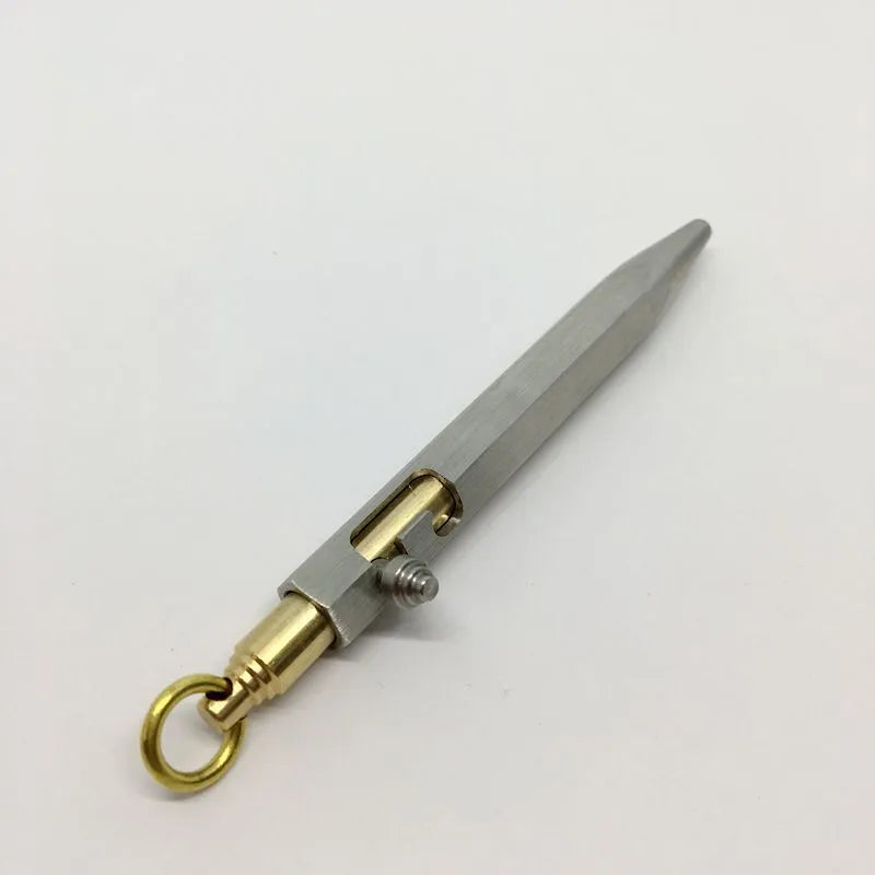 Six-sided stainless steel brass push pen with keychain attachment shown in assorted colours