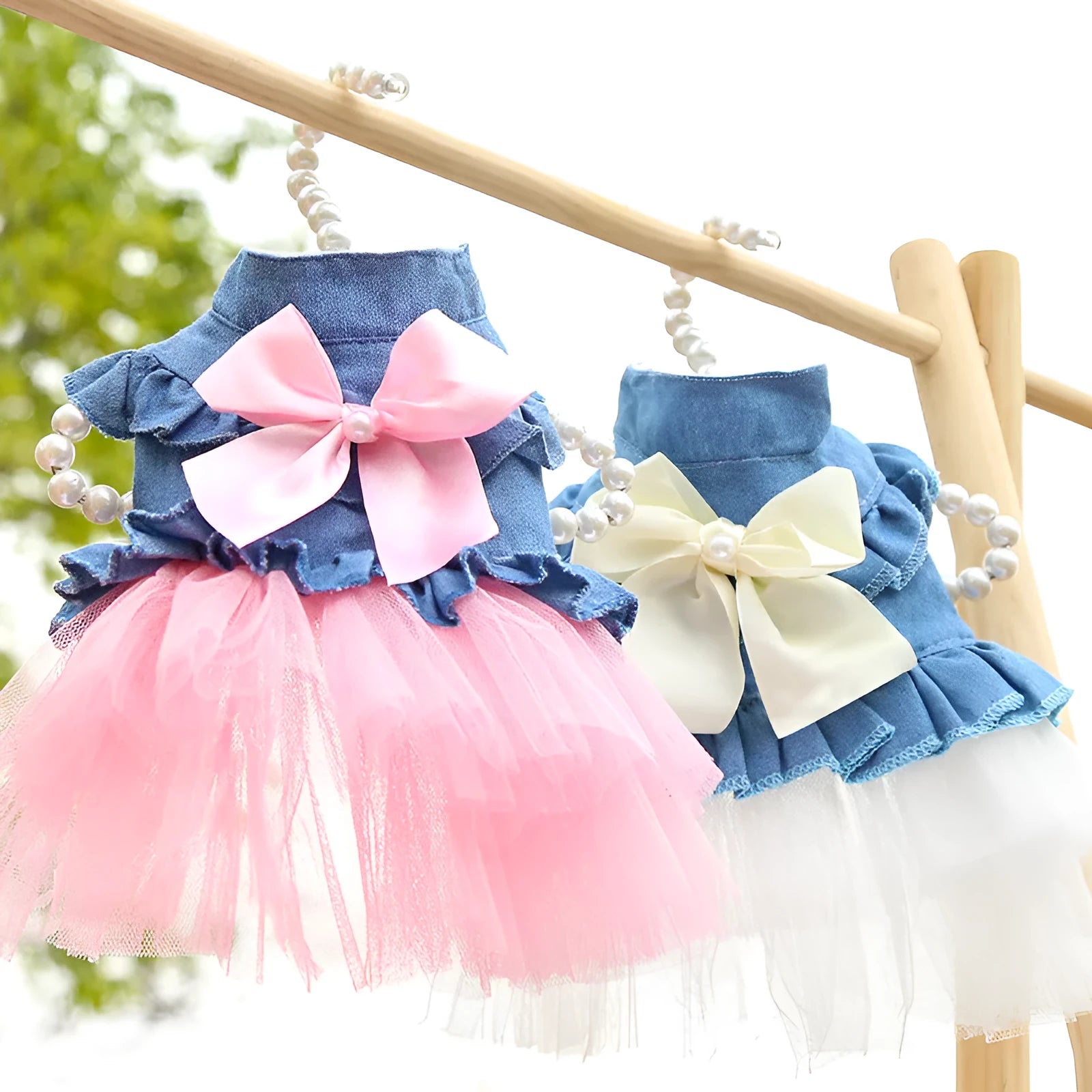 Korean version creative bow pet denim skirt in princess style for dogs, available in white or pink yarn