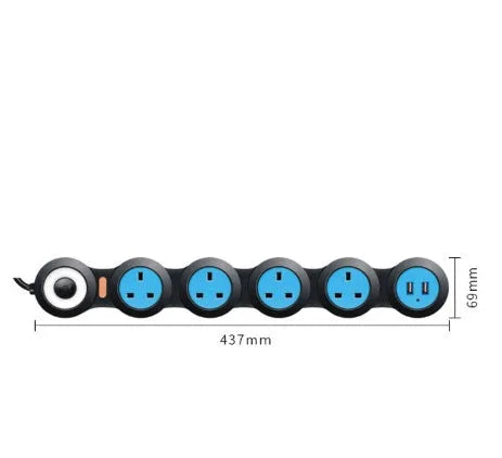 UK power strip with five sockets, two USB ports and rotating tow board design in white or black