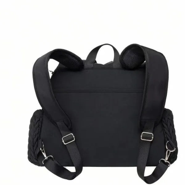 Black polyester one-shoulder insulated waterproof bag with curved strap and woven detailing