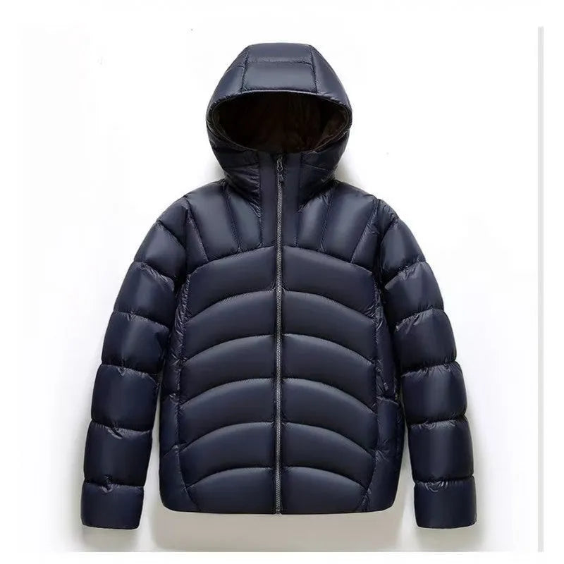 Unisex hooded down jacket in black, solid colour winter coat with ribbed cuffs and high down filling