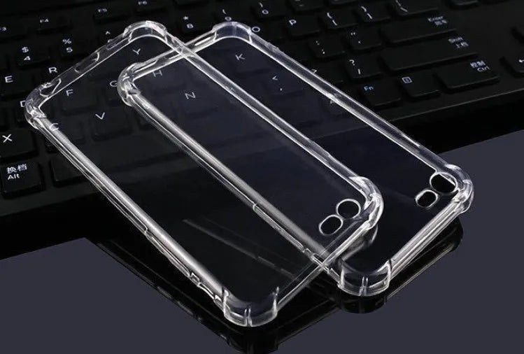 Clear transparent TPU shockproof back cover case for an iPhone on a white background.