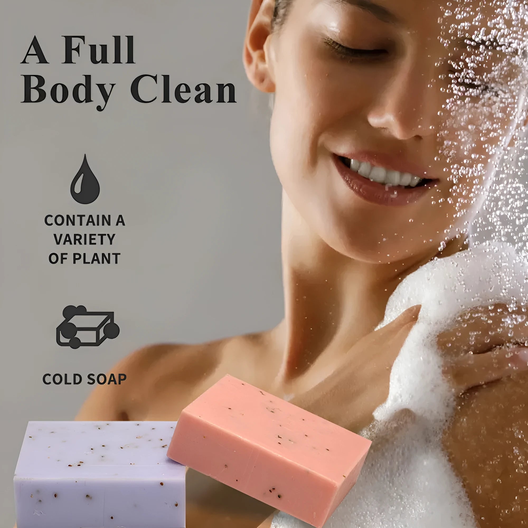 Handmade essential oil soap bar in frosted bathing format with natural scent options including coconut, green tea, lavender, and rose variants