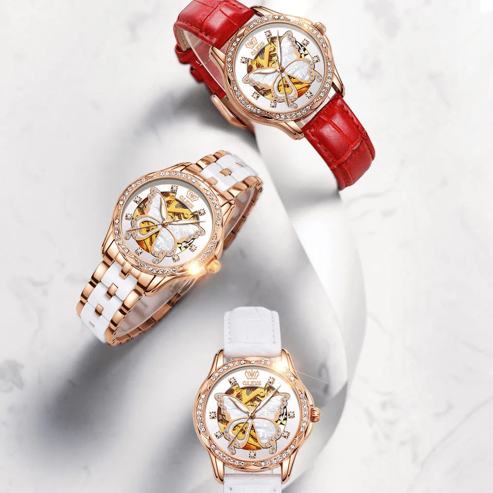 Ladies automatic mechanical watch gift box set with luminous digital display, 35mm dial, and flat top tapered crown on a white rose shell design.