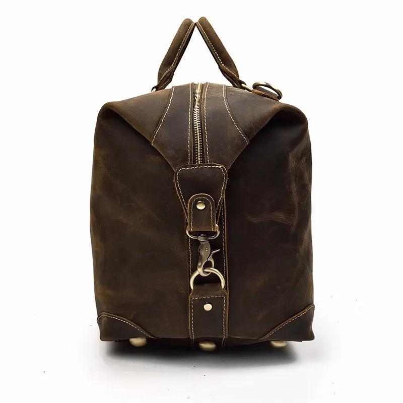Genuine cowhide leather large capacity luggage bag in light brown with zipper closure and top handles