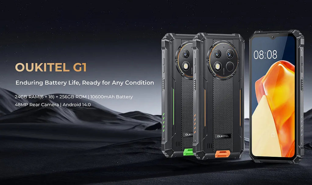 OUKITEL G1 mobile phone in choice of grey, green, or orange colour with charger and manual.