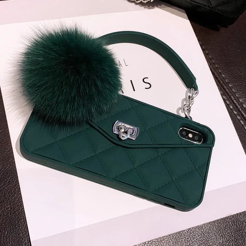 Plush hairball texture TPU phone case in a dark green grid pattern on an iPhone