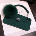 Plush hairball texture TPU phone case in a dark green grid pattern on an iPhone