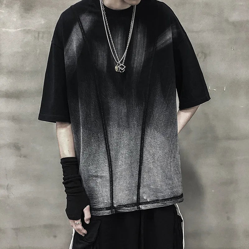 Black cotton short sleeve T-shirt with dark water wash finish, no-ironing treatment, crew neck, sizes M to XXL