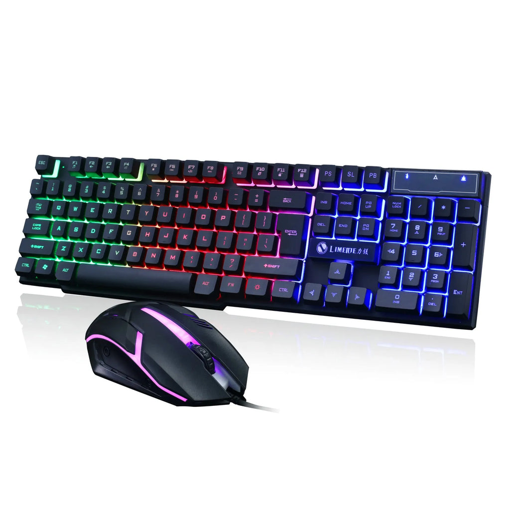 Limei GTX300 white and black backlit gaming keyboard and mouse set on a desktop
