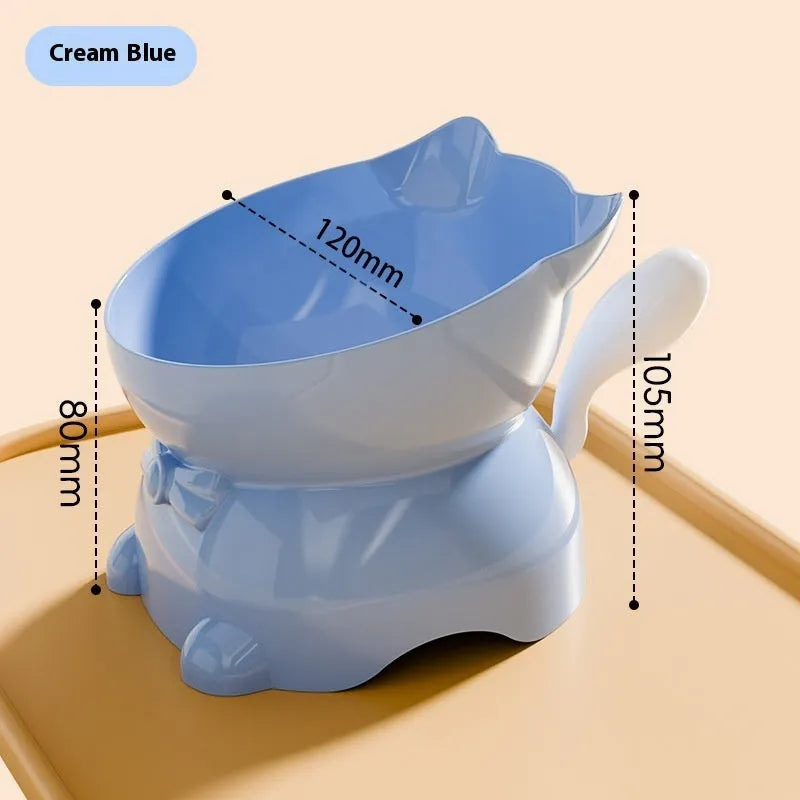 Stainless steel anti-fall oblique cat bowl with non-slip base in blue colour.