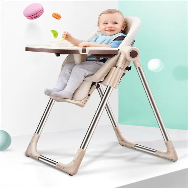 Baby chair for toddlers in blue, gold, green, or pink, made from eco-friendly plate with a stable, non-wheeled base.