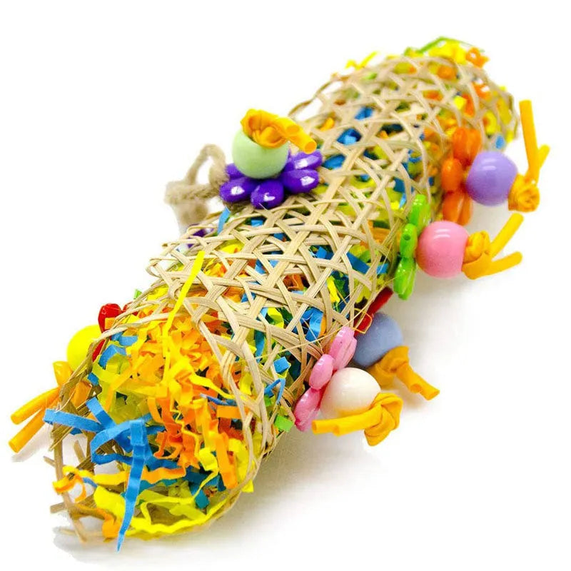 3pcs bird toy set with bamboo, cotton rope, brushed rattan and grass, multicoloured hanging cage toys