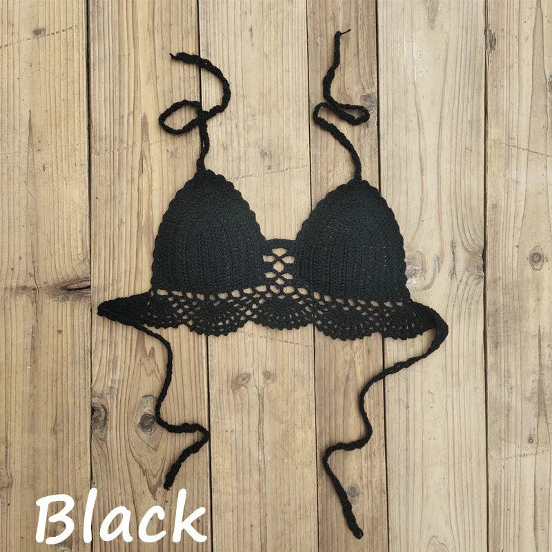 Womens boho crochet bra backless retro polka dot cotton blend chest pad no steel support