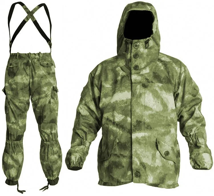 Men's Special Forces tactical combat uniform in cotton blend, featuring jacket and trousers, shown in camouflage green.