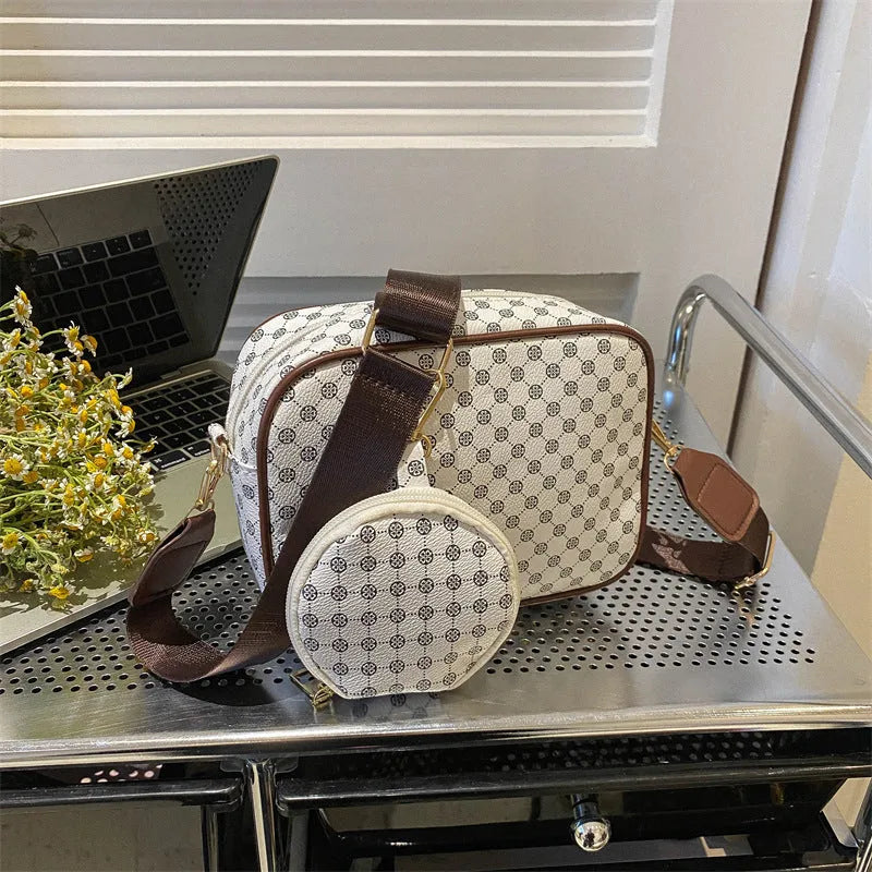 Vintage plaid crossbody bag in khaki, PU material, horizontal square shape with outer pocket and matching small bag