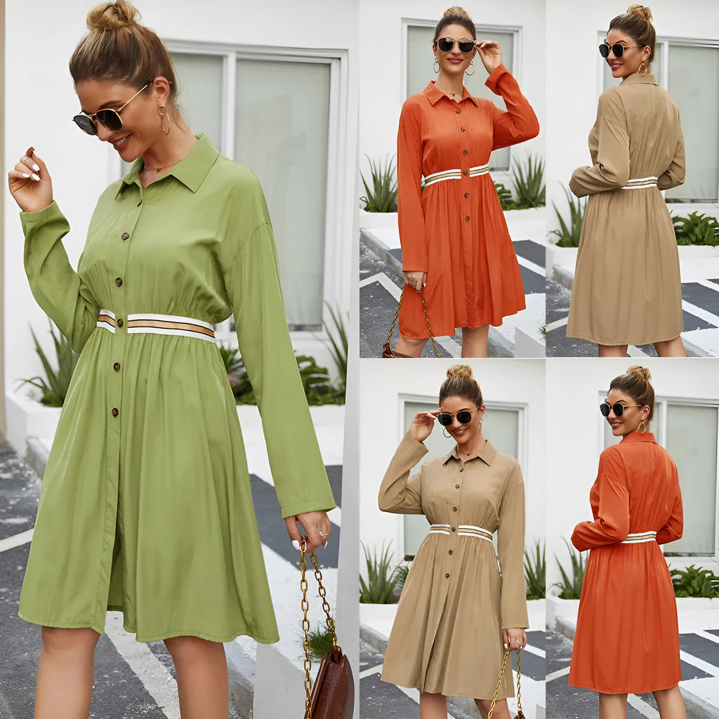 Women's summer casual A-line midi dress with elastic waist, lapel collar, long sleeves, in green colour