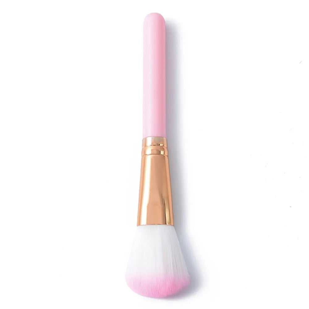 Five mini makeup brushes with short plastic handles, man-made fibre bristles, 8.5cm total length, blue and pink colours