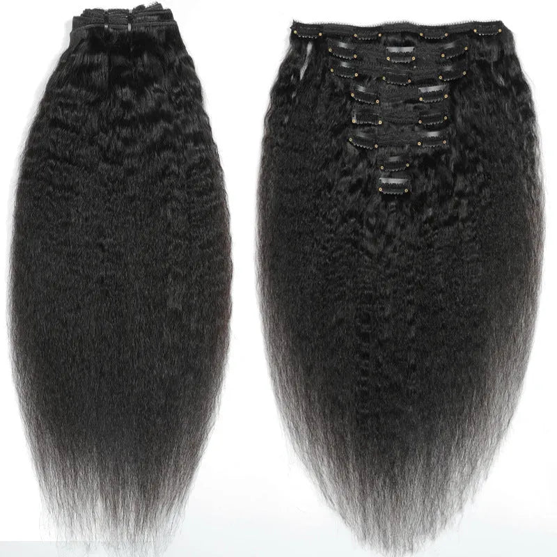 Real human hair wig clip in 8 piece set 120g kinky straight black colour medium long length