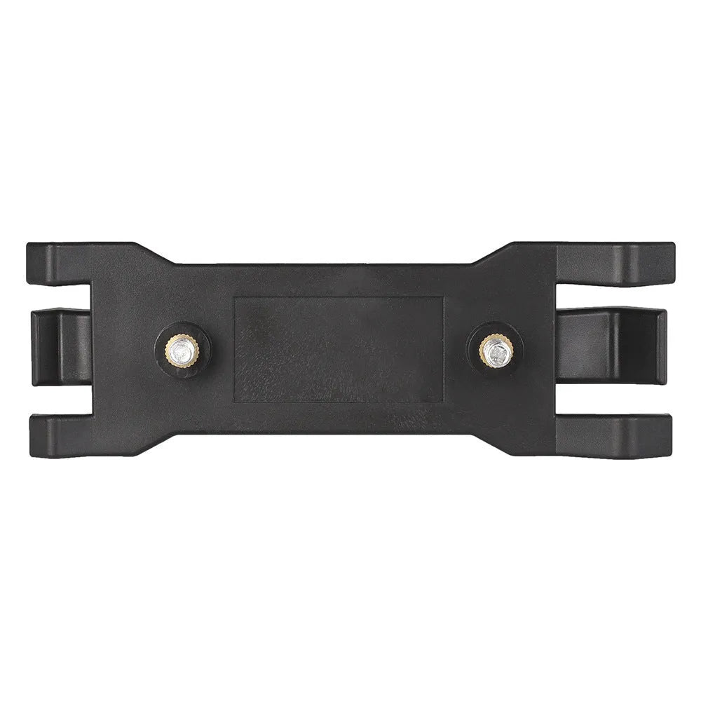 Black ABS plastic umbrella clip for attaching an iPhone to a tripod and umbrella pole.