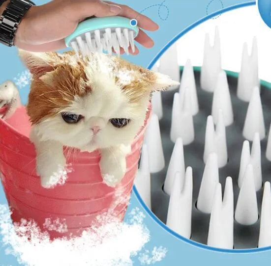Green silicone pet massage bath brush on white background, 95x80x73mm grooming tool for dogs