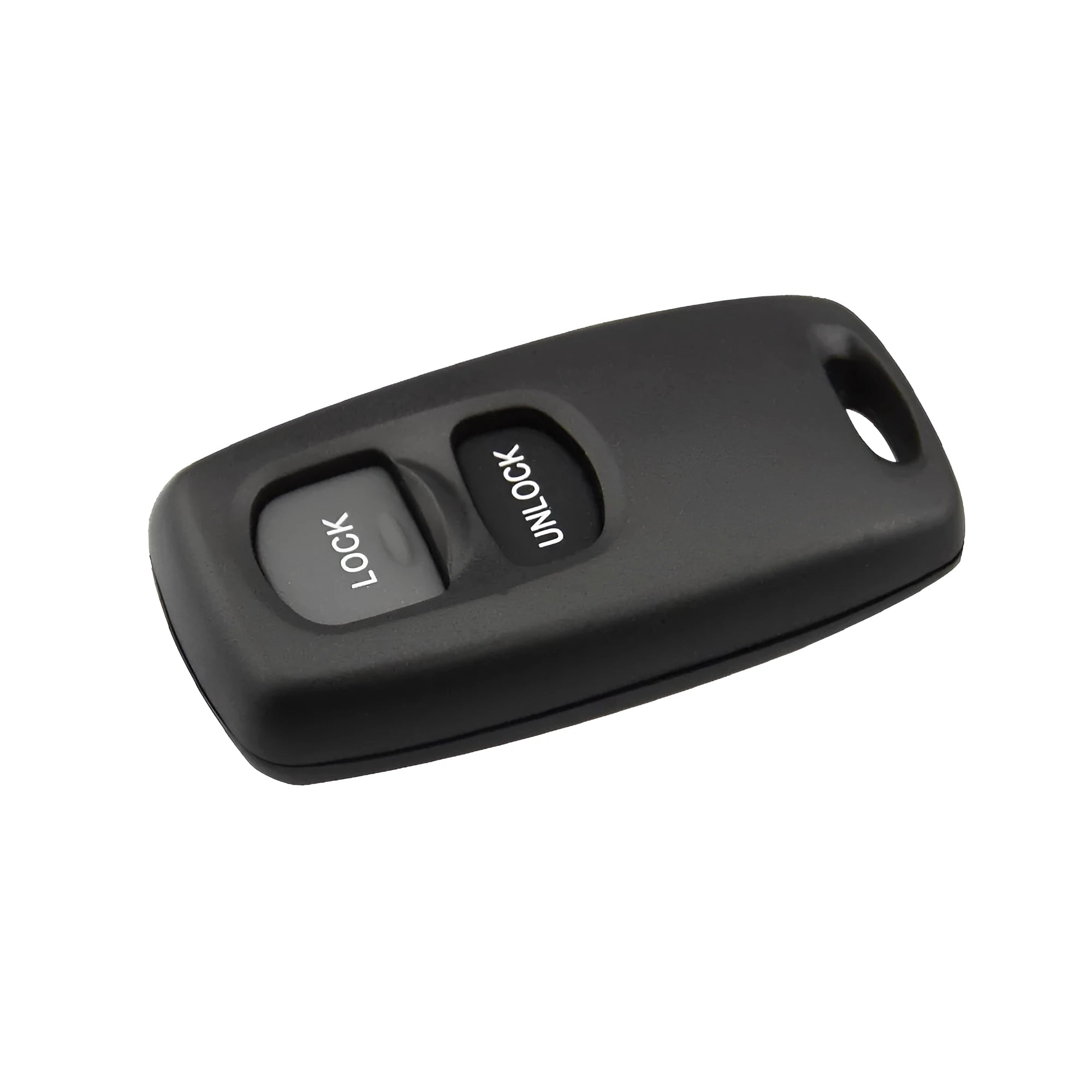Black Mazda two button remote control shell with copper key blade and button skin