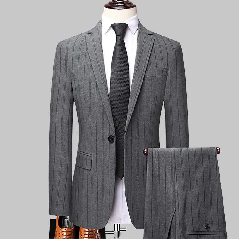Grey slim-fit men's striped suit set with coat, vest, and trousers on hanger