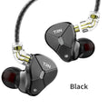 Black in-ear wired headset with 3.5mm plug, TPE cable, and silicone ear sleeves on a white background.
