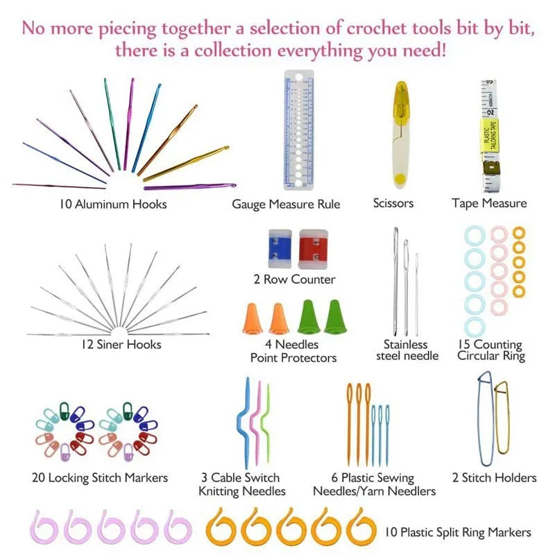 Stainless steel crochet hook set with 24 sizes from 0.6mm to 8.0mm, single colour, for wool crochet and knitting