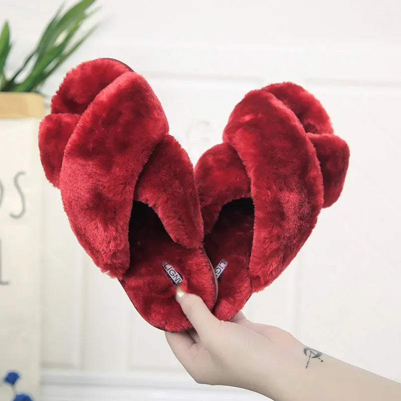Women's cross open-toe fur slippers in multiple colours on a patterned non-slip rubber sole.