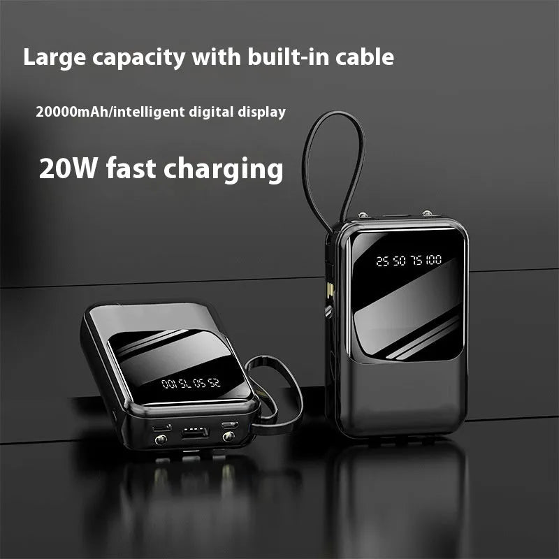 Small super fast charge power bank with cable in black plastic shell, compact design
