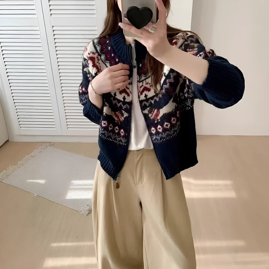 Ethnic style jacquard pullover sweater with 3D pattern in apricot beige colour, loose fit with round neck and long sleeves