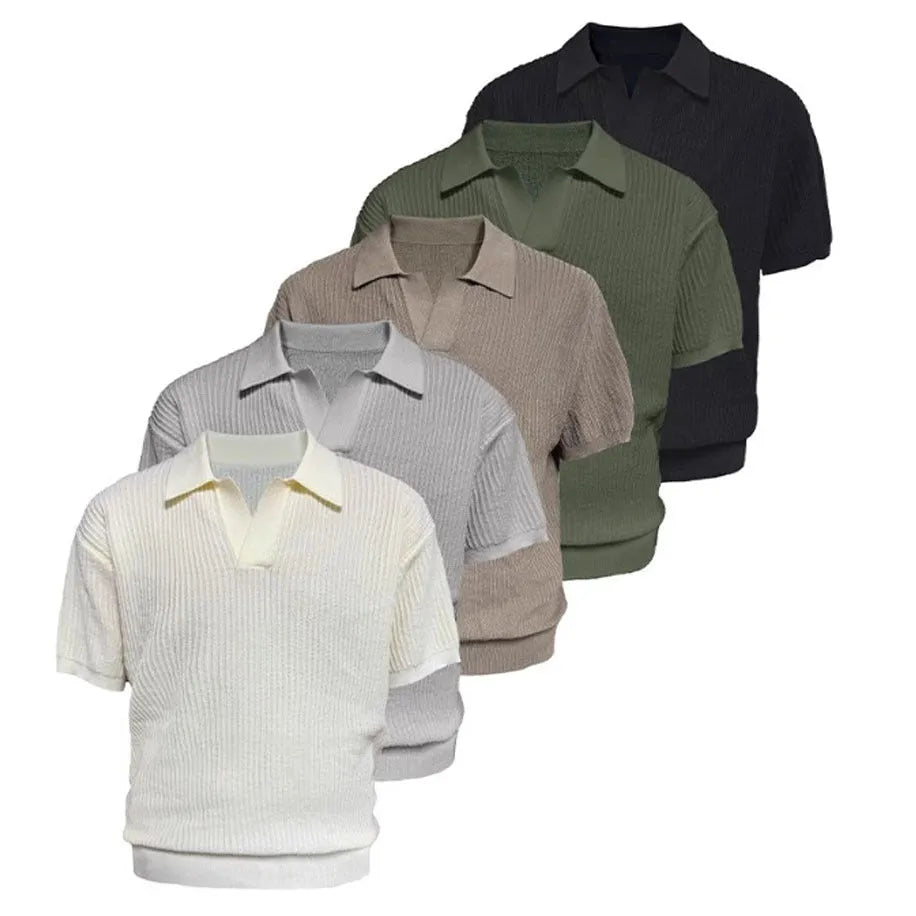 Man wearing a creamy white striped loose fit short sleeve polo shirt made from ice silk fabric.