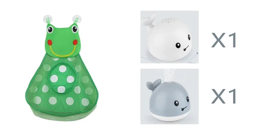 Electric whale-shaped bath spray toy with water-activated automatic spray, LED lights, and floating capability