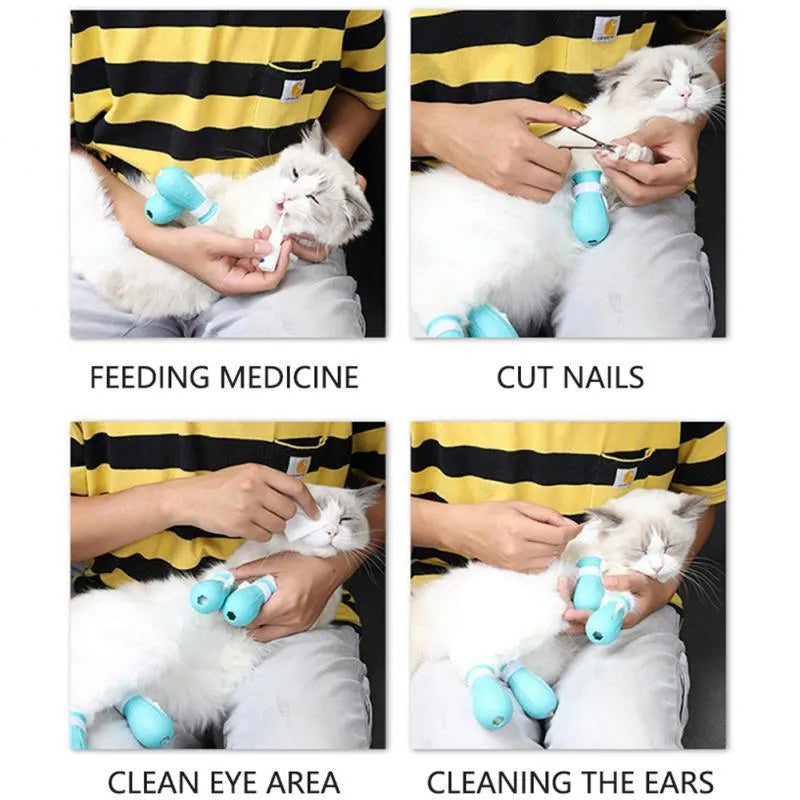 Set of four adjustable cat foot claw covers in light blue, light green, and pink, made from TPE with drainage holes and Velcro straps.