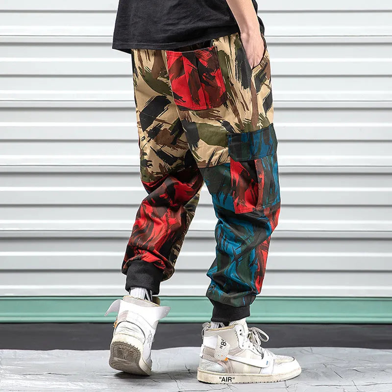 Blue camouflage overalls casual pants made of polyester fibre, full-length loose fit, front view