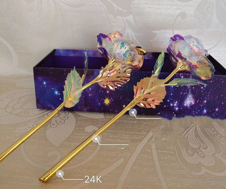 24K luminous gold rose flower set in gift box with tote bag, handmade plastic bouquet non-fade artificial roses